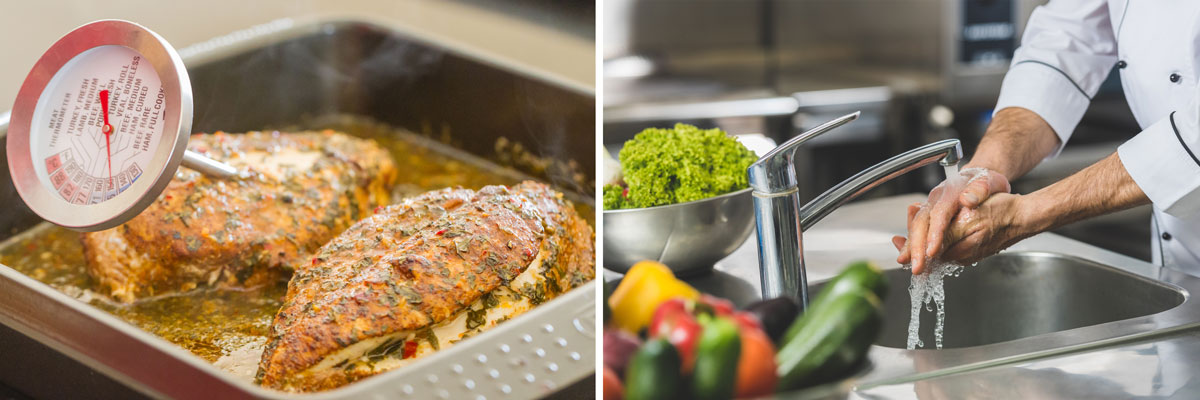 chicken with a meat thermometer and a chef washing hands
