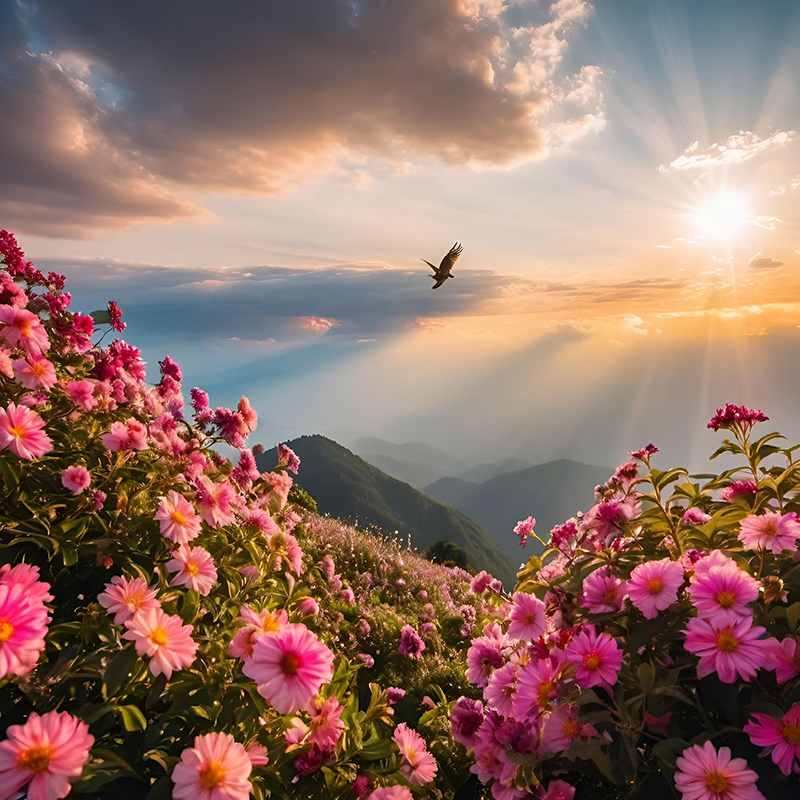 hills covered in flowers with a bird overhead